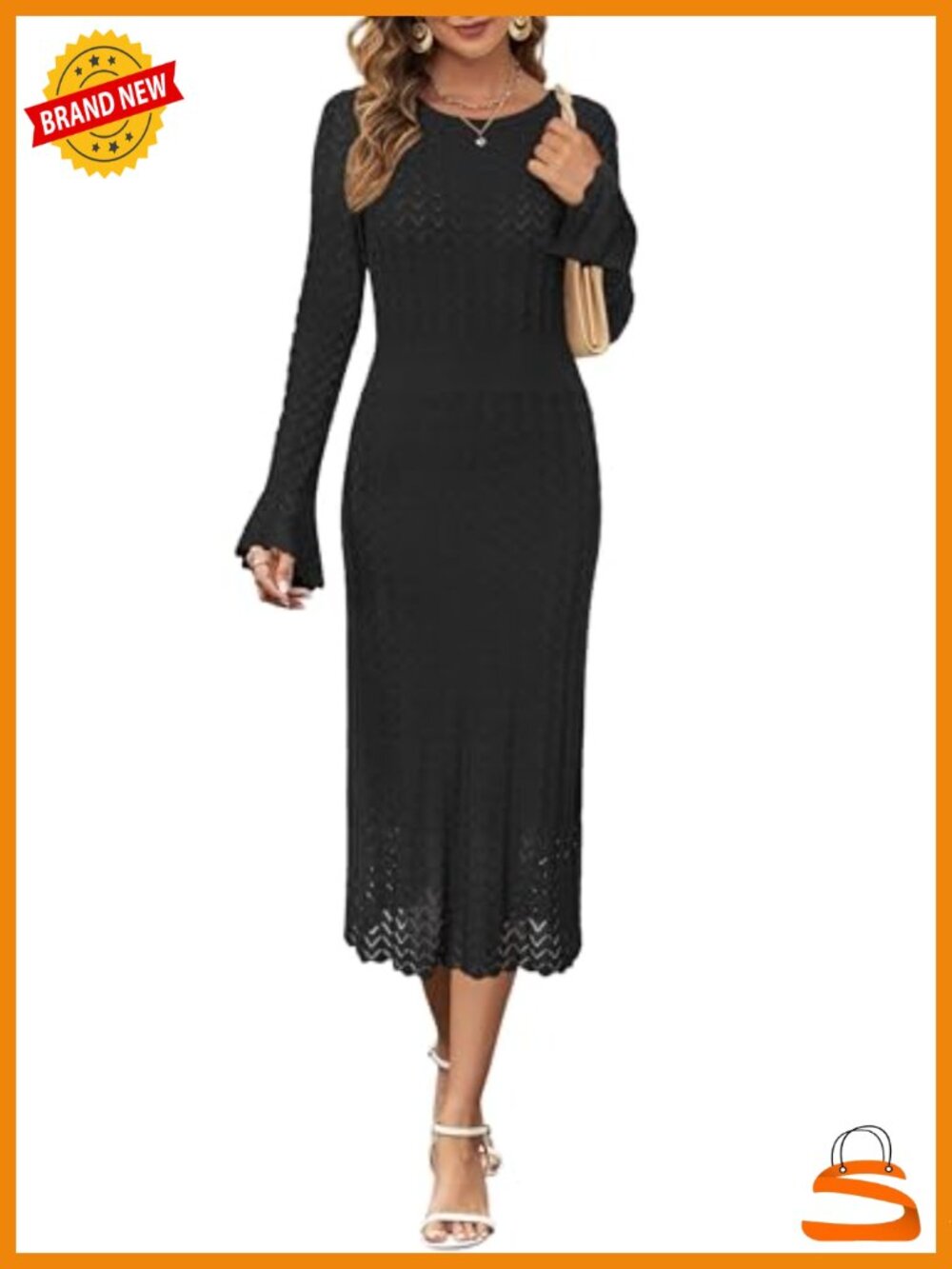Hollow Knit Long Bell Sleeve Midi Sweater Dress Work Church Casual